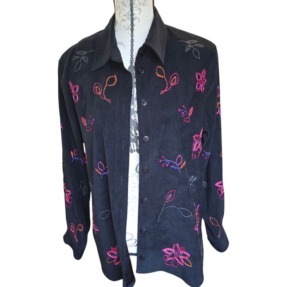 Vintage Koret Black with Embroidered Flowers Blazer Womens Size M Whimsical Boho